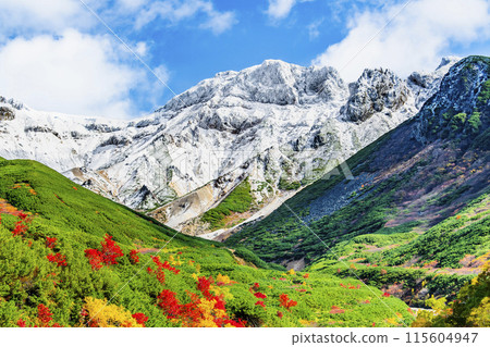 Snow-capped Mt. Tokachi and autumn foliage spreading at the base - From Tokachidake Onsen Ryounkaku 115604947