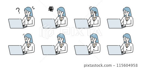 身穿白大褂操作電腦的女性臉部表情組 身穿白大褂操作電腦的女性臉部表情組 115604958