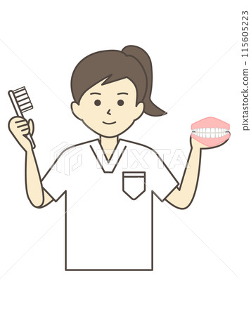 一位女牙醫用牙齒模型和牙刷解釋刷牙 115605223