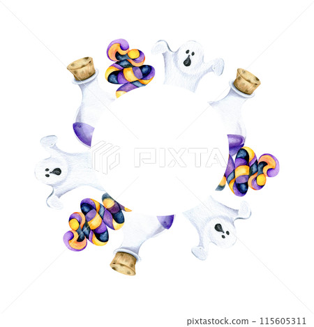Halloween round frame with magic glass violet liquid, white gost, candies watercolor illustration. Hand drawn or treat composition, scary template, happy halloween cartoon card for invitation, packing Halloween round frame with magic glass violet liquid, white gost, candies watercolor illustration. Hand drawn or treat composition, scary template, happy halloween cartoon card for invitation, packing 115605311