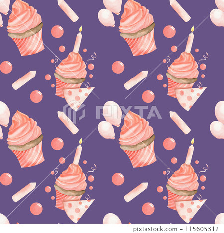 Baby girl kid birthday seamless pattern on dark violet background. Pink cupcake with balloons birthday hat and candles background for party celebration, wrapping paper, stationery, gift box design 115605312