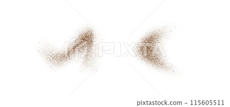 Coffee, cocoa or chocolate powder particles and speckles. Brown dust or sand wavy elements. Ground beans, grains and granules wave flowing shapes. Vector sprayed specks overlay textures 115605511
