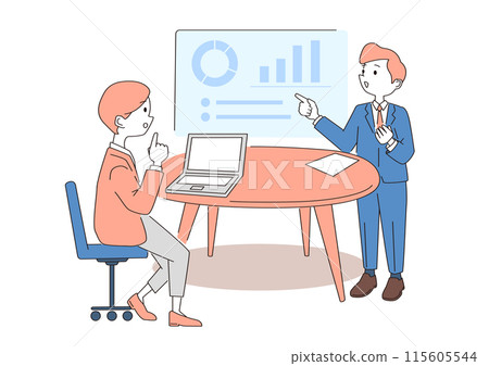 Illustrations of meetings and presentations in business situations. Illustrations of people giving explanations and consultations. Line and painted vector material Illustrations of meetings and presentations in business situations. Illustrations of people giving explanations and consultations. Line and painted vector material 115605544