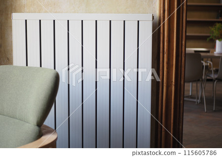 White radiator on grey white wall. apartment heating installation system, White radiator on grey white wall. apartment heating installation system, 115605786