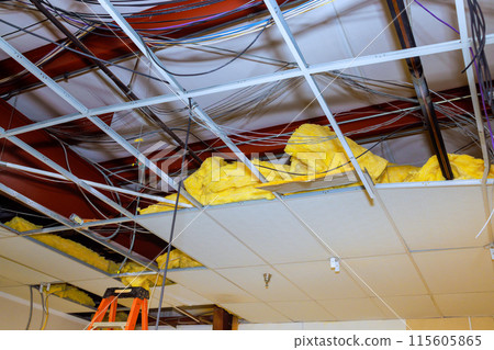 Renovation of an interior building that has broken internal ceilings is in progress after demolition 115605865