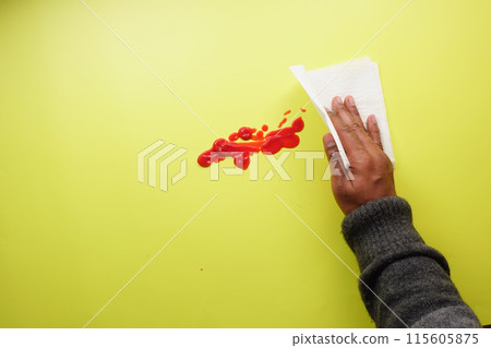 hand in blue rubber gloves cleaning tomato spill with a tissue hand in blue rubber gloves cleaning tomato spill with a tissue 115605875