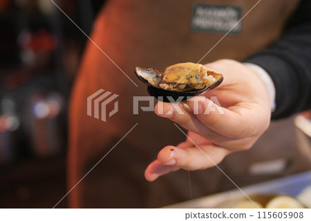Freshly shucked mussel at seafood market. Keywords mussel, seafood, market, fresh, hand, and more 115605908