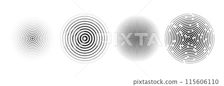 Black radial circle set. Sonar or sound wave ring collection. Halftone and linear epicentre, target, radar icon concept. Ripple concentric signal vibration elements. Vector dashed and dotted symbols 115606110