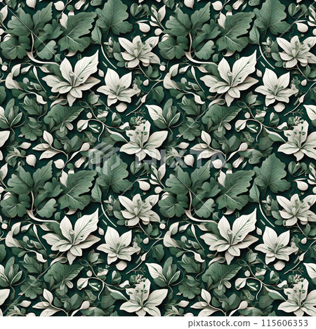 Seamless repeatable white flowers and green leaves Seamless repeatable white flowers and green leaves 115606353