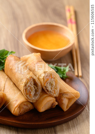 Asian deep fried spring roll filling with cabbage, carrot and glass noodles  115606585