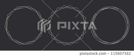 Thinline silver elegant frame Minimal shine Art Deco metallic border. Steel circle decoration collection isolated on dark background. Vector illustration Thinline silver elegant frame Minimal shine Art Deco metallic border. Steel circle decoration collection isolated on dark background. Vector illustration 115607382