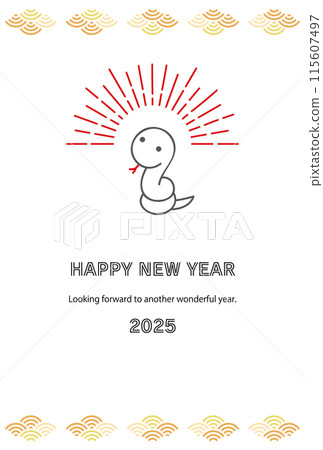 New Year's card with cute snake, sunburst and Seigaiha 115607497