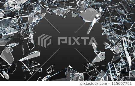 3d broken glass sharps frame, explosion effect with hole on black background render. Abstract flying transparent pieces, crashed mirror shatters, ice crystal shards, window fragments. 3D illustration 3d broken glass sharps frame, explosion effect with hole on black background render. Abstract flying transparent pieces, crashed mirror shatters, ice crystal shards, window fragments. 3D illustration 115607791