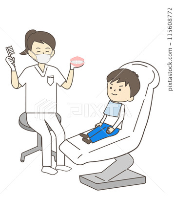 一位女牙醫教男孩如何用牙齒模型和牙刷刷牙。 115608772