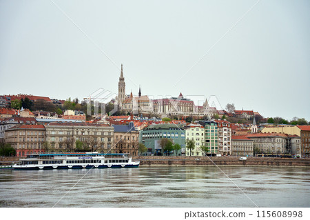 Panoramic view on skyline of Budapest city along Danube River. Architecture of capital of Hungary with historical buildings and famous landmarks 115608998