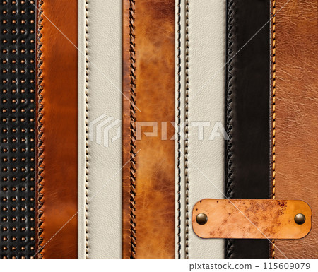 Horizontal or vertical background with leather belts of black, brown and light beige color and label. Collection of belts with decorative borders, rivets and cowhide tag. Copy space for text 115609079