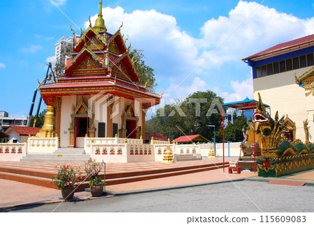 Statues of snakes-nagas and Pavilion in Pulau Tikus, thai Buddhist temple (Wat Chayamangkalaram), famous tourist attraction in Georgetown, Penang island, Malaysia Statues of snakes-nagas and Pavilion in Pulau Tikus, thai Buddhist temple (Wat Chayamangkalaram), famous tourist attraction in Georgetown, Penang island, Malaysia 115609083