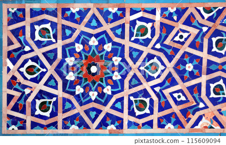 Vertical or horizontal background with detail of ancient mosaic walls with floral and geometric ornaments. Traditional moroccan tile decorations Vertical or horizontal background with detail of ancient mosaic walls with floral and geometric ornaments. Traditional moroccan tile decorations 115609094