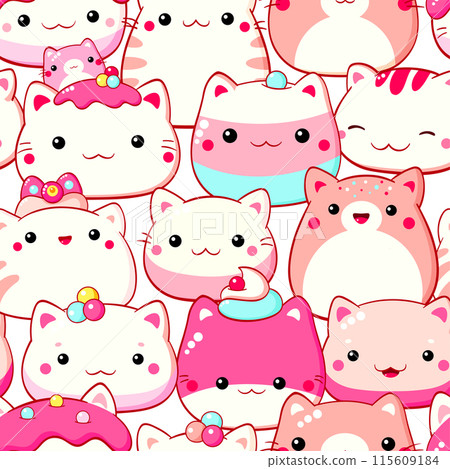 Seamless pattern with traditional Chinese cat-shaped mantou buns. Cute print in kawaii style. Endless texture can be used for textile pattern fills, t-shirt design, web page background. Vector EPS8 115609184