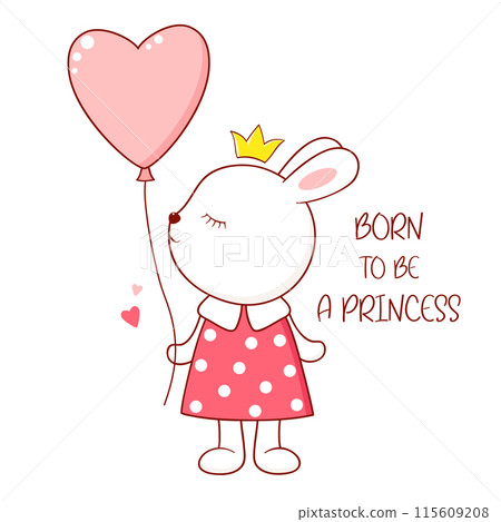 Born to be a princess. Cute baby shower invitation card for baby and kids new born celebration. Baby shower card with cartoon bunny with and heart-shaped balloon. Vector illustrations EPS8 Born to be a princess. Cute baby shower invitation card for baby and kids new born celebration. Baby shower card with cartoon bunny with and heart-shaped balloon. Vector illustrations EPS8 115609208