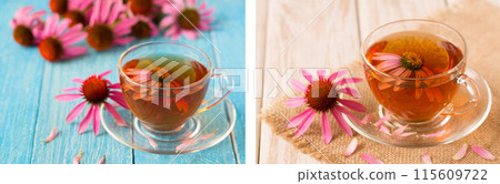 Cup of echinacea tea on blue wooden table 115609722