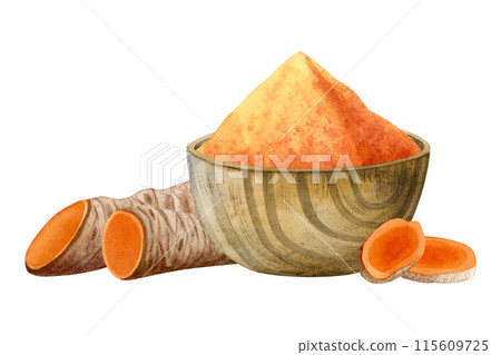 Ground Turmeric curcuma powder in wooden bowl with raw roots and slices watercolor illustration isolated on white. Cut orange vegetable herb, natural ingredient for cooking and curry spice Ground Turmeric curcuma powder in wooden bowl with raw roots and slices watercolor illustration isolated on white. Cut orange vegetable herb, natural ingredient for cooking and curry spice 115609725