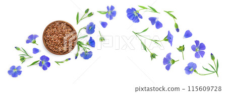 flax seeds in wooden bowl with flower isolated on white background 115609728