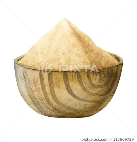 Ground ginger powder in wooden bowl watercolor illustration isolated on white background. Pile of dry spice for cooking, seasoning food and herbal dishes 115609729