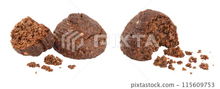 chocolate cookie with kerob, banana, cashew, sunflower seeds and coconut paste isolated on white background. Healthy food, gluten-free, flour-free 115609753