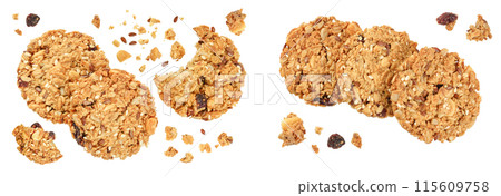 Granola cookie isolated on white background with full depth of field. Top view. Flat lay. 115609758