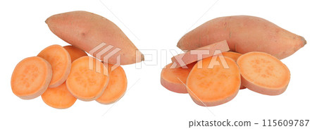 Sweet potato with slices isolated on white background. Top view. Flat lay 115609787