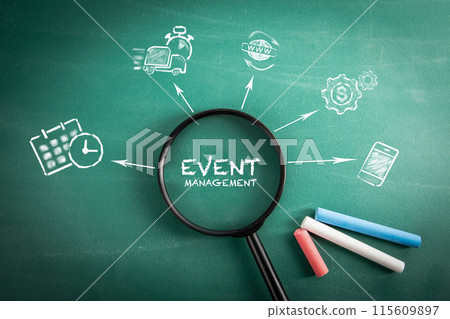 Event Management. Magnifying glass on green school blackboard background Event Management. Magnifying glass on green school blackboard background 115609897