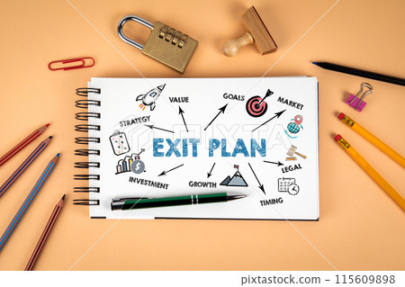 EXIT PLAN. Notepad and office supplies on a light background EXIT PLAN. Notepad and office supplies on a light background 115609898