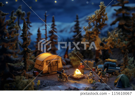 Miniature camping scene: Night mountain and bonfire Miniature camping scene: Night mountain and bonfire 115610067