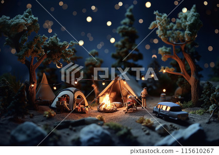 Miniature camping scene: Night mountain and bonfire 115610267