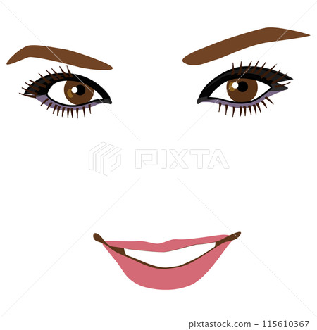 Illustration of a woman's face with various expressions without outlines, light makeup version 18. Parts model illustration. 115610367