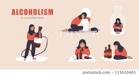 Alcoholism concept. Set of depressed arab female characters with alcohol addiction. Booze concept. Dangerous Habits. People suffering from hard drinking. Vector illustration in flat cartoon style Alcoholism concept. Set of depressed arab female characters with alcohol addiction. Booze concept. Dangerous Habits. People suffering from hard drinking. Vector illustration in flat cartoon style 115610463