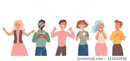 Sincere male and female characters. Multiracial grateful smiling people saying Thank you. Flat cartoon illustration. Vector 115610488