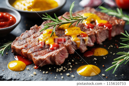 Grilled steak with melting butter, sauces on dark background, seasoned with fresh herbs, spices for gourmet meal 115610733