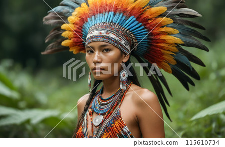 Amazon Indian woman. Vibrant Feather Headdress, Jungle Environment, Lush Greenery, Traditional Beaded Jewelry, Cultural Representation, Natural jungle Backdrop, Exotic Location, Biodiversity 115610734