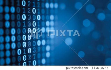 Blue computer screen filled with binary code. Ideal for concepts related to data, technology, and cybersecurity. Abstract information technology background. Digital binary code matrix background 115610753