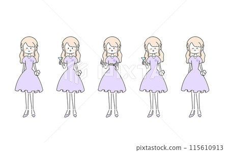 一個穿著裙子的微笑女孩的面部表情組 115610913
