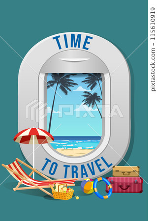 Time to travel airplane window porthole view Time to travel airplane window porthole view 115610919