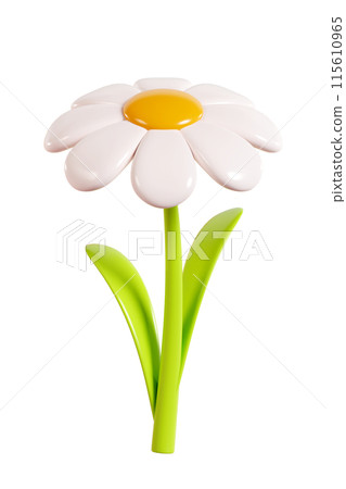 Daisy plastic flower with white petals, green stem and leaf. Cartoon icon 3d render illustration. Cute chamomile bubble bloom for spring and summer design. Glossy balloon blossom floral element. 115610965