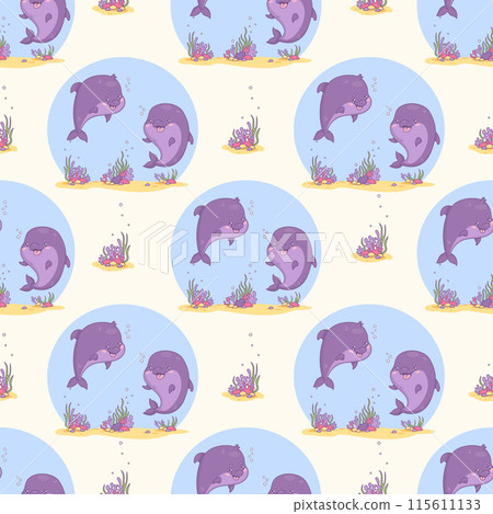 Seamless pattern with cute pair of dolphins. Vector illustration. Cartoon kawaii animal character. Kids collection. 115611133