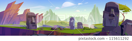 Ancient mayan civilization stone head statue ruins 115611292