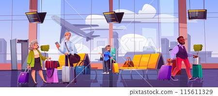 People with suitcases in airport waiting room People with suitcases in airport waiting room 115611329