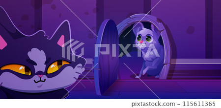Cat lurk and track mouse near tiny house door Cat lurk and track mouse near tiny house door 115611365