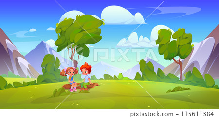Children sitting on tree log in mountains 115611384