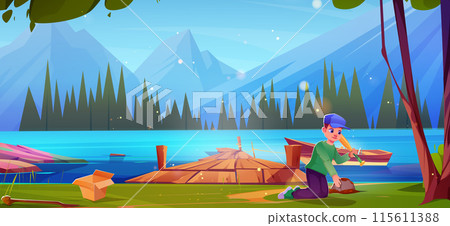 Boy with baseball bat picking ball near lake 115611388